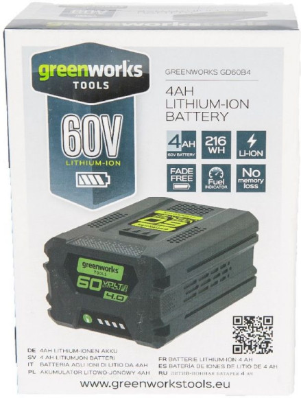 Батарея аккумуляторная Greenworks G60B4 60В 4Ач Li-Ion (2918407) Батарея аккумуляторная Greenworks G60B4 60В 4Ач Li-Ion (2918407)