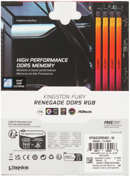 Память DDR5 2x32GB 6400MHz Kingston KF564C32RSAK2-64 Fury Renegade XMP RGB RTL Gaming PC5-51200 CL32 DIMM 288-pin 1.4В kit dual rank с радиатором Ret Память DDR5 2x32GB 6400MHz Kingston KF564C32RSAK2-64 Fury Renegade XMP RGB RTL Gaming PC5-51200 CL32 DIMM 288-pin 1.4В kit dual rank с радиатором Ret