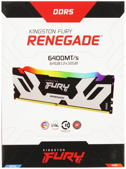 Память DDR5 2x32GB 6400MHz Kingston KF564C32RSAK2-64 Fury Renegade XMP RGB RTL Gaming PC5-51200 CL32 DIMM 288-pin 1.4В kit dual rank с радиатором Ret Память DDR5 2x32GB 6400MHz Kingston KF564C32RSAK2-64 Fury Renegade XMP RGB RTL Gaming PC5-51200 CL32 DIMM 288-pin 1.4В kit dual rank с радиатором Ret