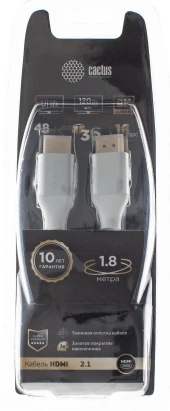 Кабель аудио-видео Cactus CS-HDMI.2.1-1.8 HDMI (m)/HDMI (m) 1.8м. позолоч.конт. серебристый Кабель аудио-видео Cactus CS-HDMI.2.1-1.8 HDMI (m)/HDMI (m) 1.8м. позолоч.конт. серебристый