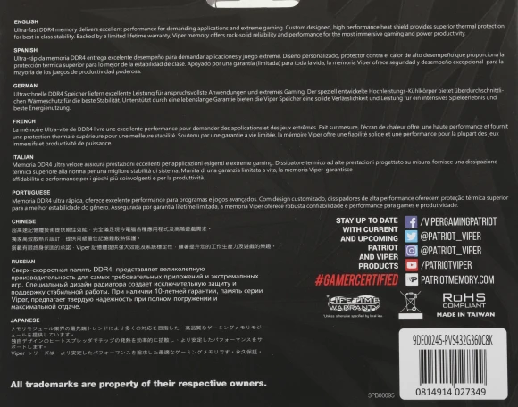 Память DDR4 2x16GB 3600MHz Patriot PVS432G360C8K Viper Steel RTL Gaming PC4-28800 CL18 DIMM 288-pin 1.35В single rank с радиатором Ret Память DDR4 2x16GB 3600MHz Patriot PVS432G360C8K Viper Steel RTL Gaming PC4-28800 CL18 DIMM 288-pin 1.35В single rank с радиатором Ret