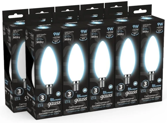 Лампа светодиодная Gauss Filament 103201209 9Вт цок.:E14 свеча 220B св.свеч.бел.нейт. (упак.:10шт)
