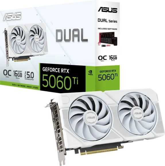 Видеокарта Asus PCI-E 5.0 DUAL-RTX5060TI-O16G-WHITE NVIDIA GeForce RTX 5060TI 16Gb 128bit GDDR7 2602/28000 HDMIx1 DPx3 HDCP Ret