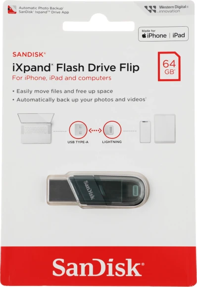 Флеш Диск Sandisk 64Gb iXpand Flip SDIX90N-064G-GN6NN USB3.1 зеленый/серебристый