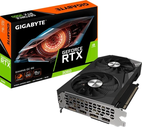 Видеокарта Gigabyte PCI-E 4.0 GV-N3060GAMING OC-8GD 2.0 NVIDIA GeForce RTX 3060 8Gb 128bit GDDR6 1807/15000 HDMIx2 DPx2 HDCP Ret