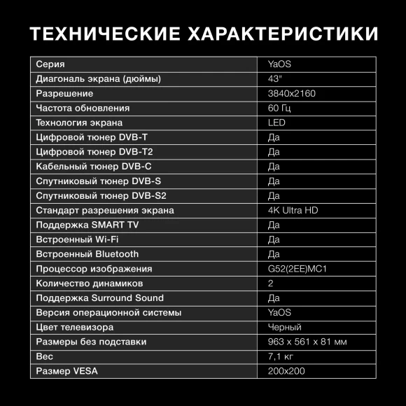 Телевизор LED Hyundai 43" H-LED43BU7003 Яндекс.ТВ Frameless черный 4K Ultra HD 60Hz DVB-T DVB-T2 DVB-C DVB-S DVB-S2 USB WiFi Smart TV Телевизор LED Hyundai 43" H-LED43BU7003 Яндекс.ТВ Frameless черный 4K Ultra HD 60Hz DVB-T DVB-T2 DVB-C DVB-S DVB-S2 USB WiFi Smart TV