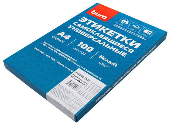 Этикетки Buro A4 48.5x25.4мм 44шт на листе/100л./белый матовое самоклей. универсальная Этикетки Buro A4 48.5x25.4мм 44шт на листе/100л./белый матовое самоклей. универсальная