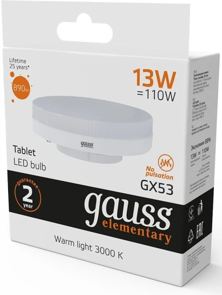 Лампа светодиодная Gauss Elementary GX53 13Вт цок.:GX53 таблетка 220B св.свеч.бел.теп. Tablet (упак.:1шт) (83813)