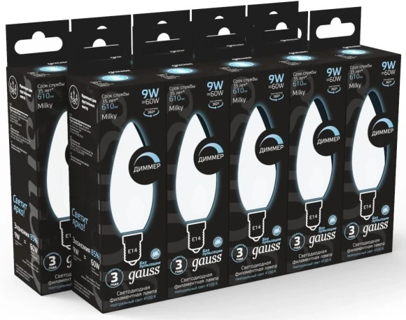 Лампа светодиодная Gauss Filament 103201209-D 9Вт цок.:E14 свеча 220B св.свеч.бел.нейт. (упак.:1шт)