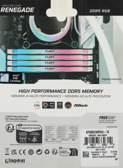 Память DDR5 16GB 8000MHz Kingston KF580C38RWA-16 Fury Renegade RGB RTL Gaming PC5-64000 CL38 DIMM 288-pin 1.45В single rank с радиатором Ret Память DDR5 16GB 8000MHz Kingston KF580C38RWA-16 Fury Renegade RGB RTL Gaming PC5-64000 CL38 DIMM 288-pin 1.45В single rank с радиатором Ret