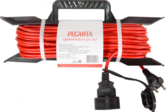 Удлинитель силовой Ресанта СУ-2х1-20/1 (IP44) (61/118/2) 2x1.0кв.мм 4розет. 40м ПВС катушка серый Удлинитель силовой Ресанта СУ-2х1-20/1 (IP44) (61/118/2) 2x1.0кв.мм 4розет. 40м ПВС катушка серый