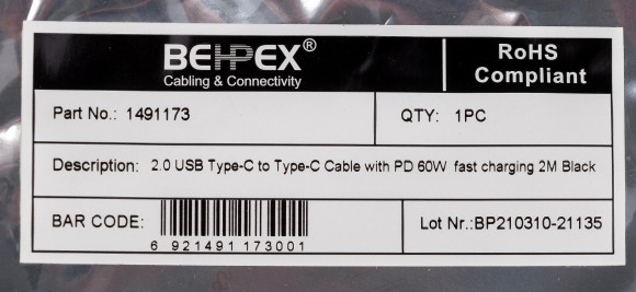 Кабель Power Delivery 60W USB Type-C (m)-USB Type-C (m) 2м черный