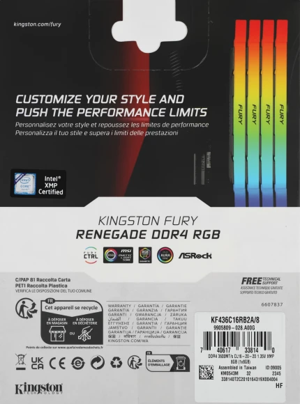 Память DDR4 8GB 3600MHz Kingston KF436C16RB2A/8 Fury Renegade RGB RTL Gaming PC4-28800 CL16 DIMM 288-pin 1.35В dual rank с радиатором Ret
