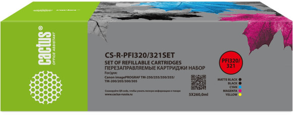 Картридж перезаправляемый струйный Cactus CS-R-PFI320/321SET черный/черный матовый/голубой/желтый/пурпурный набор 5шт.упак. для Canon imagePROGRAF TM-200/200MFP/205/300/300MFP/305/250/255/350/355 с чипом
