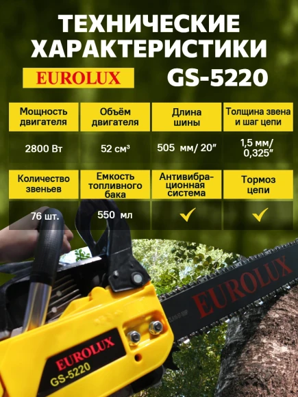 Бензопила Eurolux GS-5220 2800Вт 3.81л.с. дл.шины:20" (50cm) (70/6/8) Бензопила Eurolux GS-5220 2800Вт 3.81л.с. дл.шины:20" (50cm) (70/6/8)