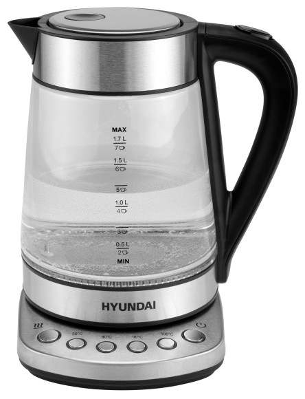 Чайник электрический Hyundai HYK-G3026 1.7л. 2200Вт серебристый/черный корпус: стекло/металл/пластик