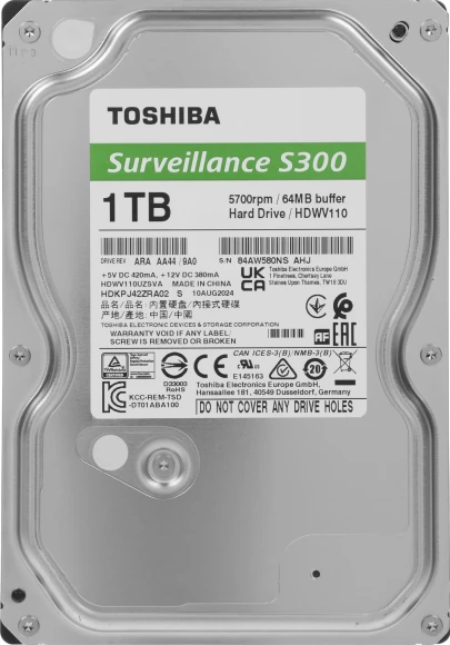 Жесткий диск Toshiba SATA-III 1Tb HDWV110UZSVA Surveillance S300 (5700rpm) 64Mb 3.5"