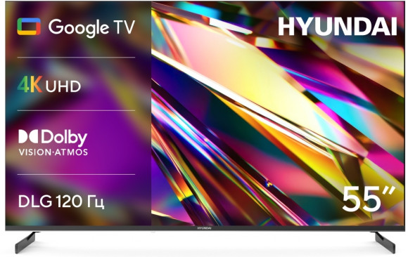 Телевизор LED Hyundai 55" H-LED55BU7011 Google TV Frameless Metal черный 4K Ultra HD 60Hz MEMC DVB-T DVB-T2 DVB-C DVB-S DVB-S2 USB WiFi Smart TV