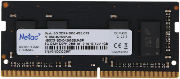Память DDR4 4Gb 2666MHz Netac NTBSD4N26SP-04 Basic RTL PC4-21300 CL19 SO-DIMM 260-pin 1.2В single rank Ret