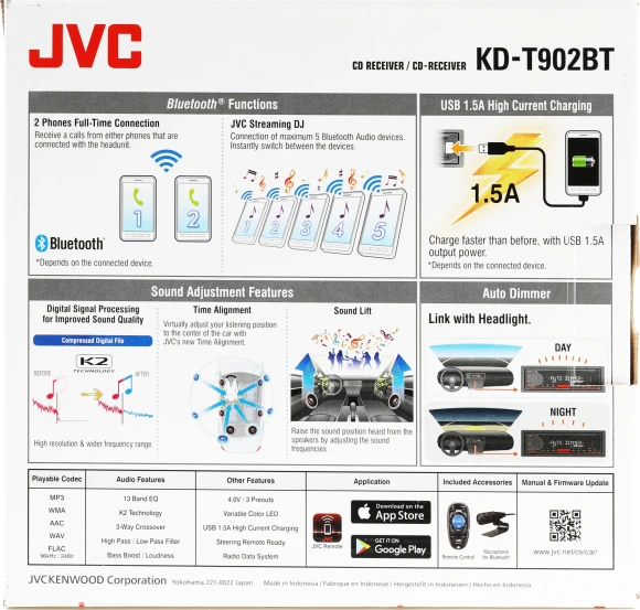 Автомагнитола JVC KD-T902BT 1DIN 4x50Вт v3.0 DSP 3 RDS Автомагнитола JVC KD-T902BT 1DIN 4x50Вт v3.0 DSP 3 RDS