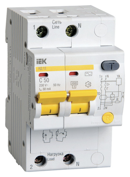 Выключатель автом. дифф. тока IEK MAD10-2-050-C-030 АД12 50A тип C 4.5kA 30мА AC 2П 230В 3мод белый (упак.:1шт)