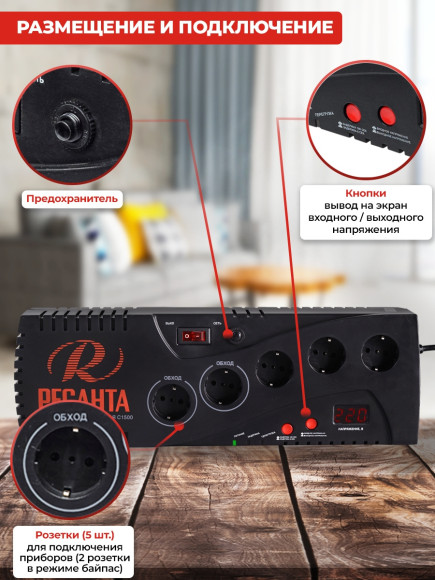 Стабилизатор напряжения Ресанта С1500 1.739кВА однофазный серый (63/6/33)