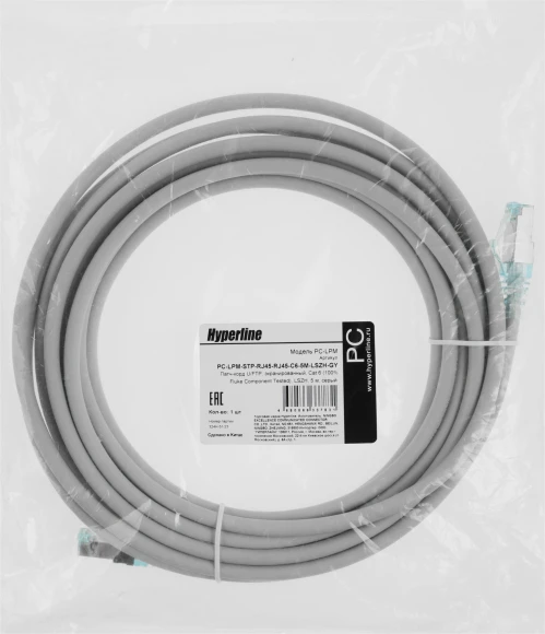 Патч-корд Hyperline PC-LPM-STP-RJ45-RJ45-C6-5M-LSZH-GY U/FTP RJ-45 вил.-вилка RJ-45 кат.6 5м серый LSZH 26AWG