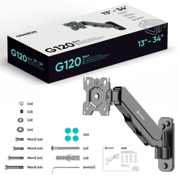 Кронштейн для телевизора Onkron G120 черный 13"-34" макс.8кг настенный поворот и наклон верт.перемещ. Кронштейн для телевизора Onkron G120 черный 13"-34" макс.8кг настенный поворот и наклон верт.перемещ.