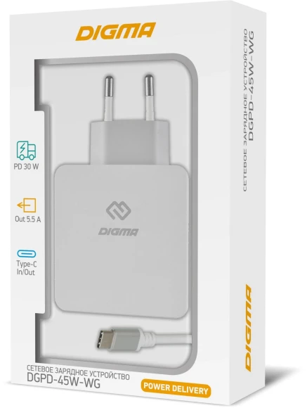Сетевое зар./устр. Digma DGPD-45W-WG 45W 3A+2.4A (PD) USB-C/USB-A универсальное белый