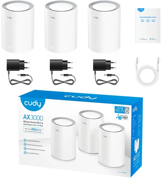 Бесшовный Mesh роутер Cudy M3000 (M3000(3-PACK) WHITE) AX3000 100/1000/2500BASE-T белый (упак.:3шт)