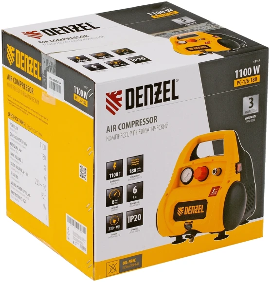 Компрессор поршневой Denzel РС 1/6-180 безмасляный 180л/мин 6л 1100Вт желтый/черный Компрессор поршневой Denzel РС 1/6-180 безмасляный 180л/мин 6л 1100Вт желтый/черный