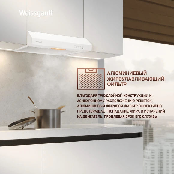Вытяжка козырьковая Weissgauff Cover 50 белый управление: кнопочное Вытяжка козырьковая Weissgauff Cover 50 белый управление: кнопочное