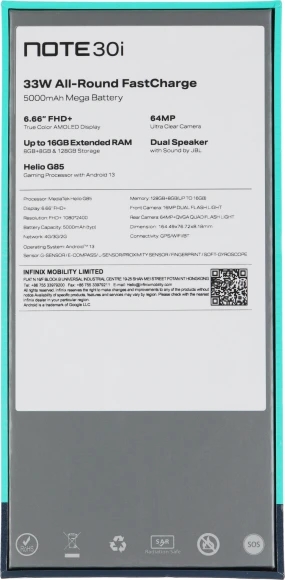 Смартфон Infinix X6716 Note 30i 128Gb 8Gb зеленый моноблок 3G 4G 2Sim 6.66" 1080x2400 Android 13 64Mpix 802.11 a/b/g/n/ac NFC GPS GSM900/1800 GSM1900 FM microSD max1024Gb Смартфон Infinix X6716 Note 30i 128Gb 8Gb зеленый моноблок 3G 4G 2Sim 6.66" 1080x2400 Android 13 64Mpix 802.11 a/b/g/n/ac NFC GPS GSM900/1800 GSM1900 FM microSD max1024Gb