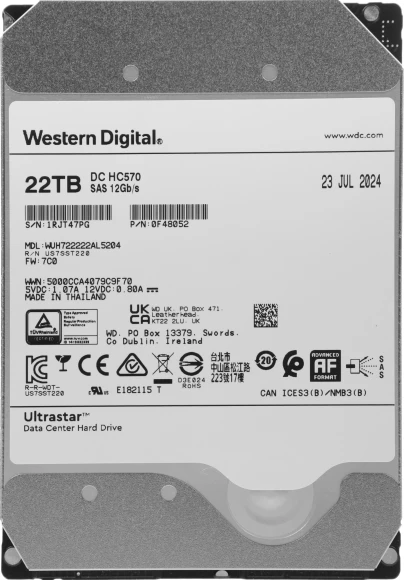 Жесткий диск WD SAS 3.0 22TB 0F48052 WUH722222AL5204 Server Ultrastar DC HC570 512E (7200rpm) 512Mb 3.5"