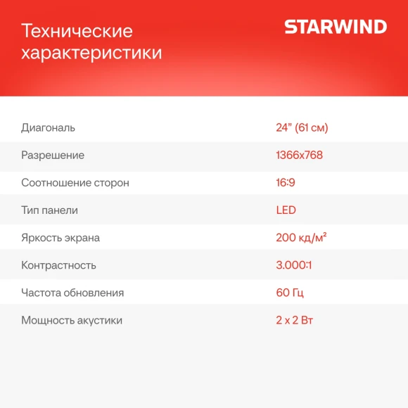 Телевизор LED Starwind 24" SW-LED24SG304 Яндекс.ТВ Slim Design черный/черный HD 60Hz DVB-T DVB-T2 DVB-C DVB-S DVB-S2 USB WiFi Smart TV Телевизор LED Starwind 24" SW-LED24SG304 Яндекс.ТВ Slim Design черный/черный HD 60Hz DVB-T DVB-T2 DVB-C DVB-S DVB-S2 USB WiFi Smart TV