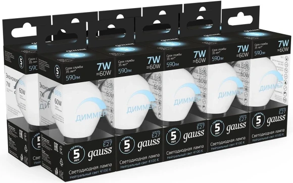 Лампа светодиодная Gauss 7Вт цок.:E27 шар 220B св.свеч.бел.нейт. (упак.:1шт) (105102207-D)