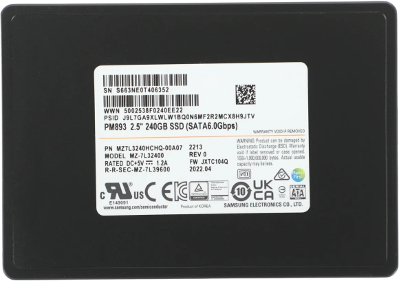 Накопитель SSD Samsung SATA-III 240GB MZ7L3240HCHQ-00A07 PM893 2.5" 1 DWPD OEM