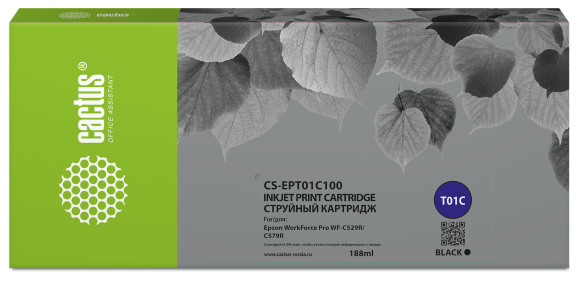 Картридж струйный Cactus CS-EPT01C100 T01C1 черный пигментный (188мл) для Epson WorkForce Pro WF-C529RDTW/WF-C579RD2TWF/WF-C579RDTWF Pro с чипом