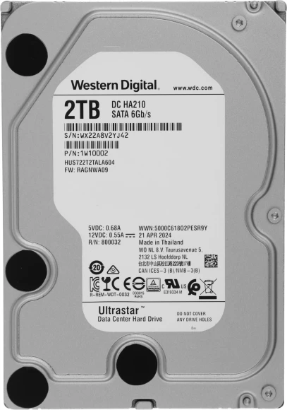 Жесткий диск WD SATA-III 2TB 1W10002/1W10025 HUS722T2TALA604 Ultrastar DC HA210 512N (7200rpm) 128Mb 3.5"