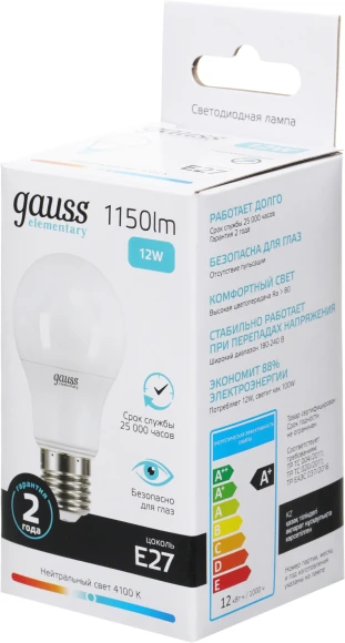 Лампа светодиодная Gauss Elementary A60 12Вт цок.:E27 груша 220B св.свеч.бел.нейт. (упак.:1шт) (23222)