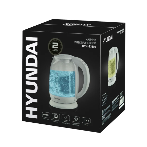 Чайник электрический Hyundai HYK-S3808 1.7л. 2200Вт белый корпус: стекло Чайник электрический Hyundai HYK-S3808 1.7л. 2200Вт белый корпус: стекло