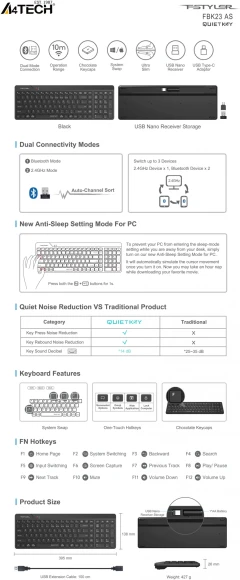 Клавиатура A4Tech Fstyler FBK23 AS черный USB беспроводная BT/Radio (FBK23 AS)