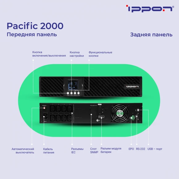 Источник бесперебойного питания Ippon Pacific 2000 1800Вт 2000ВА черный