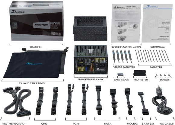 Блок питания Seasonic ATX 500W PRIME Fanless PX-500 80+ platinum 24pin APFC 8xSATA Cab Manag RTL