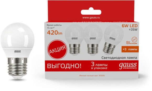 Лампа светодиодная Gauss 102502316 16Вт цок.:E27 груша 150B св.свеч.бел.хол. A60 (упак.:1шт)