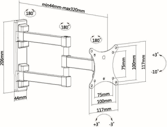 Кронштейн для телевизора Ultramounts UM893 черный 13"-27" макс.20кг настенный поворотно-выдвижной и наклонный Кронштейн для телевизора Ultramounts UM893 черный 13"-27" макс.20кг настенный поворотно-выдвижной и наклонный