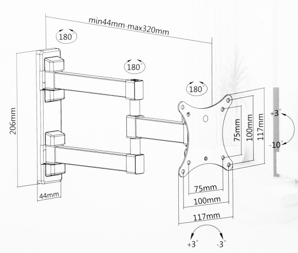 Кронштейн для телевизора Ultramounts UM893 черный 13"-27" макс.20кг настенный поворотно-выдвижной и наклонный Кронштейн для телевизора Ultramounts UM893 черный 13"-27" макс.20кг настенный поворотно-выдвижной и наклонный