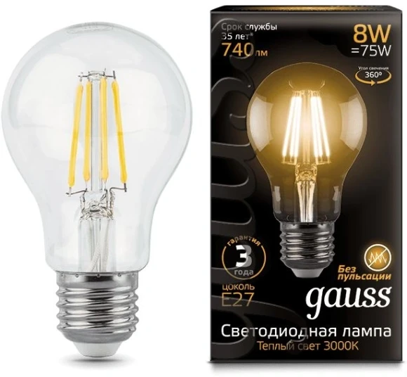 Лампа филам. Gauss Filament A60 8Вт цок.:E27 груша 220B св.свеч.бел.теп. (упак.:1шт) (102802108)