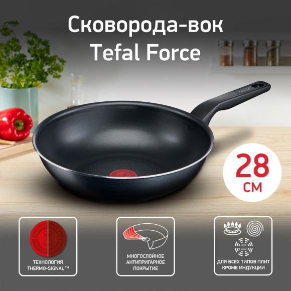 Сковорода ВОК (WOK) Tefal Force 4218628 круглая 28см покрытие: антипригарное ручка несъемная (без крышки) черный (9100048319) Сковорода ВОК (WOK) Tefal Force 4218628 круглая 28см покрытие: антипригарное ручка несъемная (без крышки) черный (9100048319)