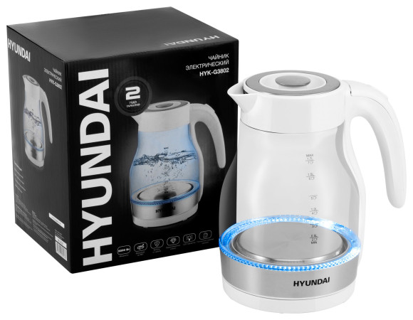 Чайник электрический Hyundai HYK-G3802 1.7л. 2200Вт белый/серебристый корпус: стекло Чайник электрический Hyundai HYK-G3802 1.7л. 2200Вт белый/серебристый корпус: стекло